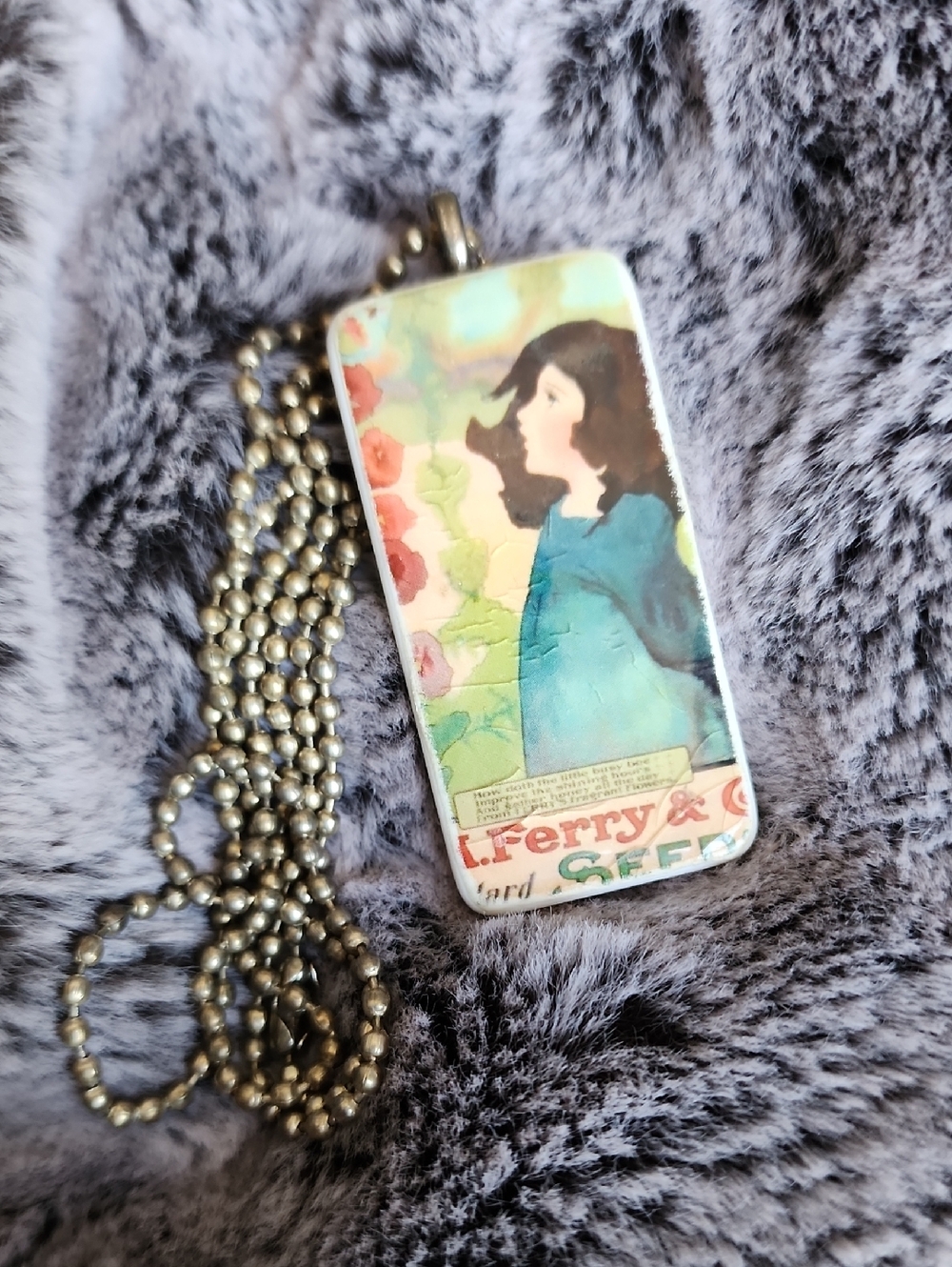 Handmade Rectangular Illustration Pendant Necklace in Teal and Coral